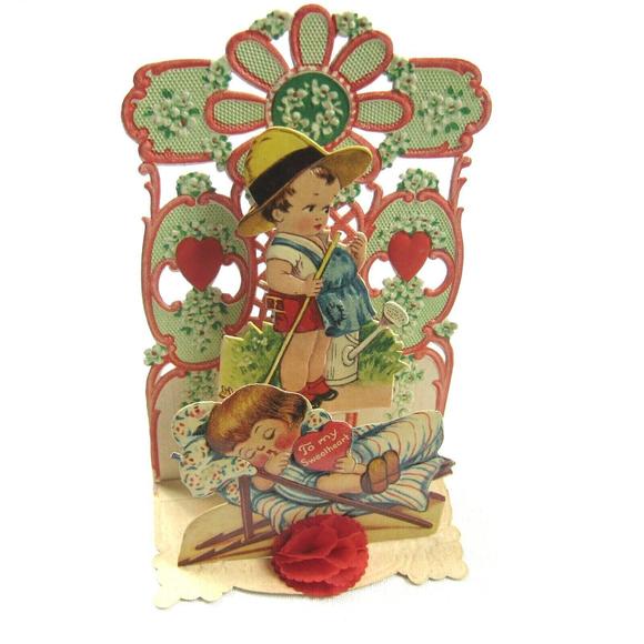 Other - Vintage Valentine Pop Up 3D Die Cut Honeycomb Girl Boy Gardener Germany 1920-30s